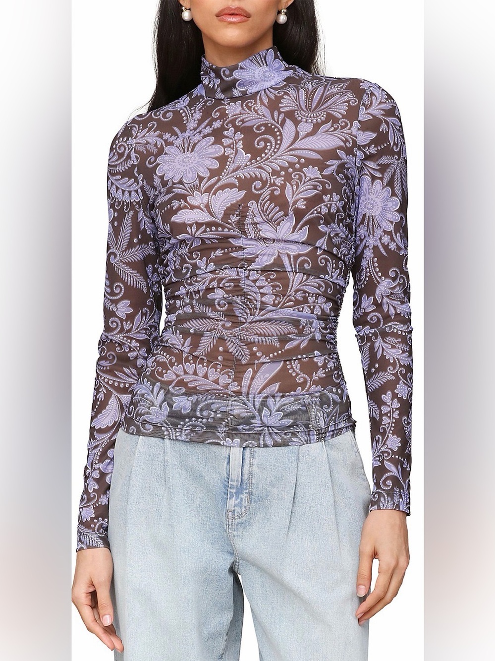 AVEC LES FILLES Mock Neck Side Ruched Top Midnight Floral